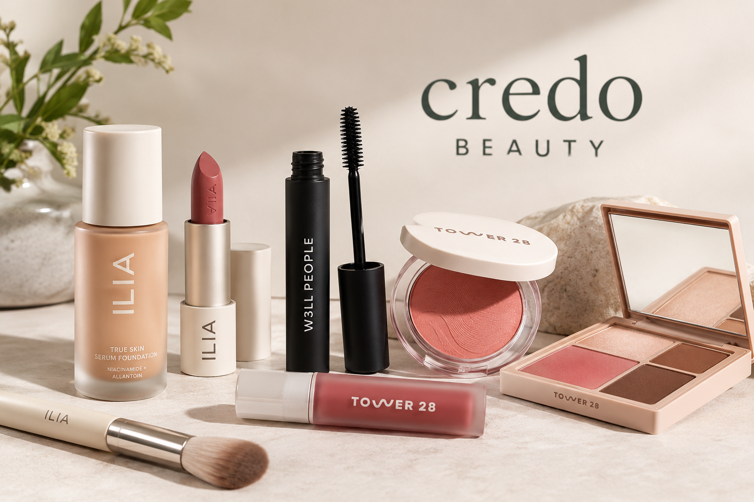 Credo Beauty cosmetics featuring foundation, lipstick, mascara, blush, and makeup essentials