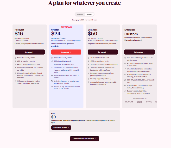 Descript Pricing and Plans